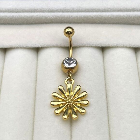316L Stainless Steel with White Diamond Cubic Zirconia Daisy Flower Belly Ring - Picture 4 of 7